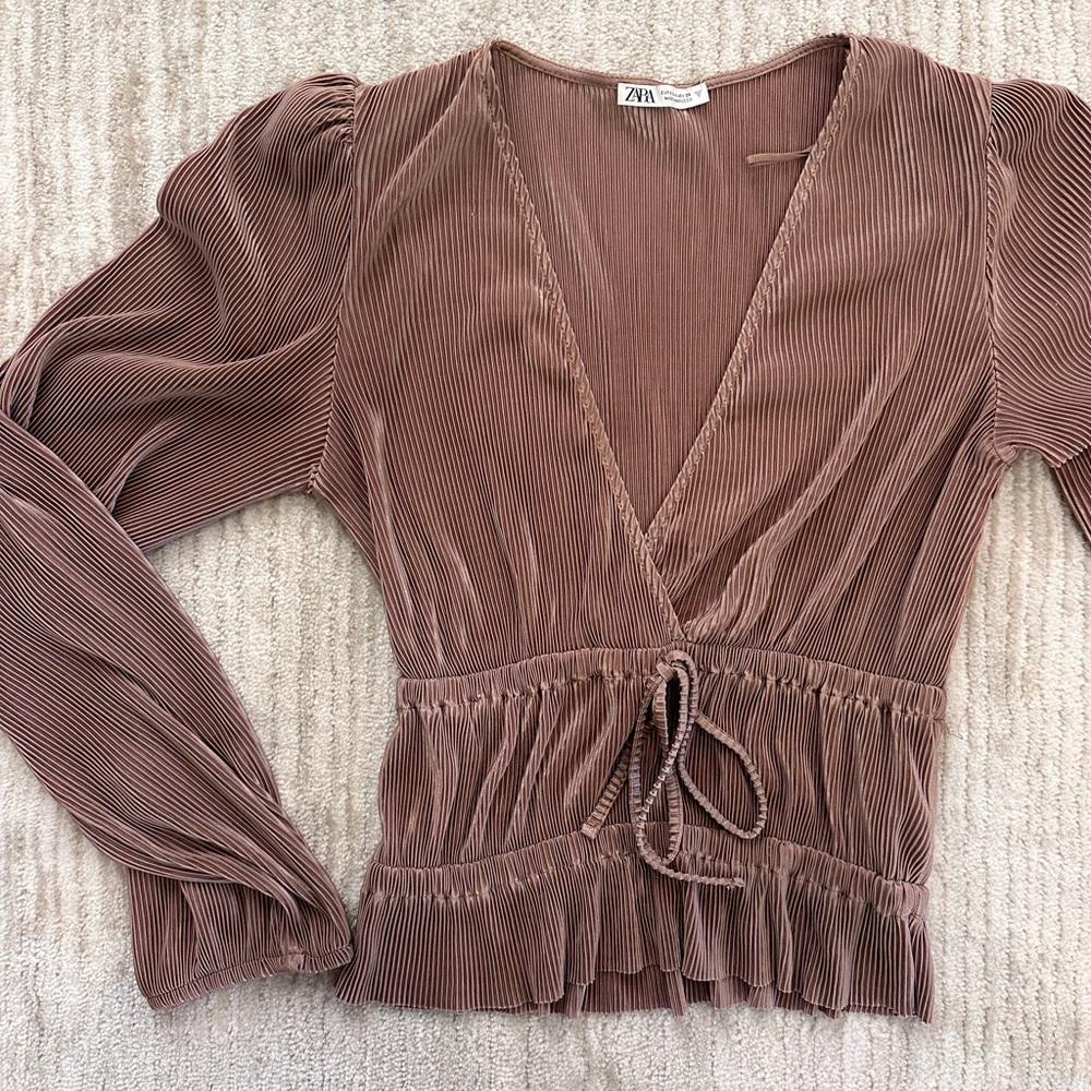 Zara Taupe Pleated Blouse